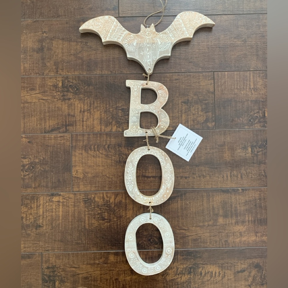 Neutral Halloween Ornate Detail Bat and BOO Wood Wall Hanging Decor